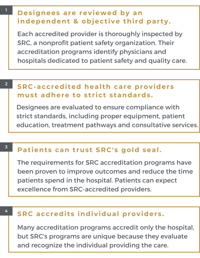 1. Designees are reviewed by an independent & objective third party.
Each accredited provider is thoroughly inspected by SRC, a nonprofit patient safety organization. Their accreditation programs identify physicians and hospitals dedicated to patient safety and quality care.

2. SRC-accredited health care providers must adhere to strict standards.
Designees are evaluated to ensure compliance with strict standards, including proper equipment, patient education, treatment pathways and consultative services.

3. Patients can trust SRC's gold seal.
The requirements for SRC accreditation programs have been proven to improve outcomes and reduce the time pateints spend in the hospital. Patients can expect excellence from SRC-accredited providers.

4. SRC accredits individual providers.
Many accreditation programs accredit only the hospital, but SRC's programs are unique because they evaluate and recognize the individual providing the care.